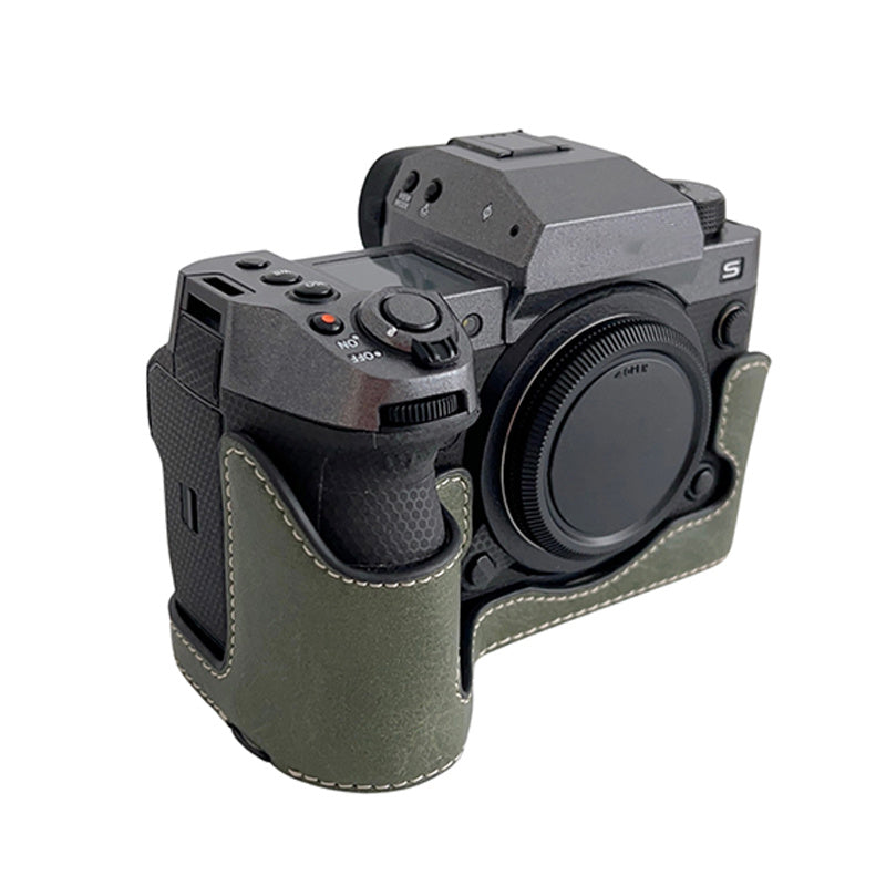 Uniqkart for Fujifilm X-H2s / X-H2 Buffalo Texture PU Leather Camera Bottom Case Half Body Protective Cover with Battery Opening - Green