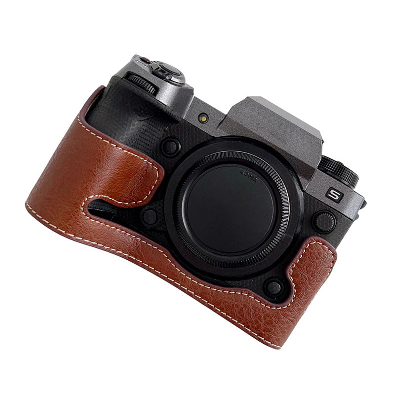Uniqkart for Fujifilm X-H2s / X-H2 Buffalo Texture PU Leather Camera Bottom Case Half Body Protective Cover with Battery Opening - Coffee