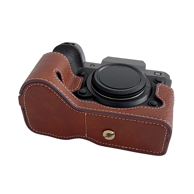 Uniqkart for Fujifilm X-H2s / X-H2 Buffalo Texture PU Leather Camera Bottom Case Half Body Protective Cover with Battery Opening - Coffee