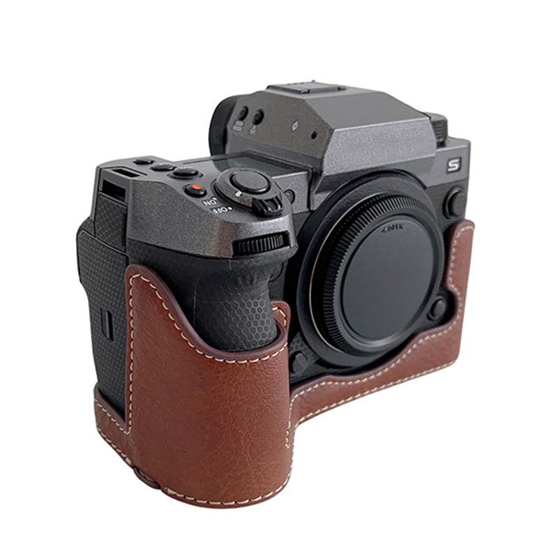 Uniqkart for Fujifilm X-H2s / X-H2 Buffalo Texture PU Leather Camera Bottom Case Half Body Protective Cover with Battery Opening - Coffee