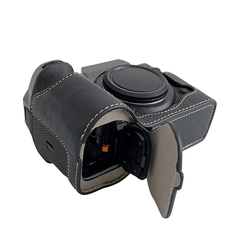 Uniqkart for Fujifilm X-H2s / X-H2 Buffalo Texture PU Leather Camera Bottom Case Half Body Protective Cover with Battery Opening - Black