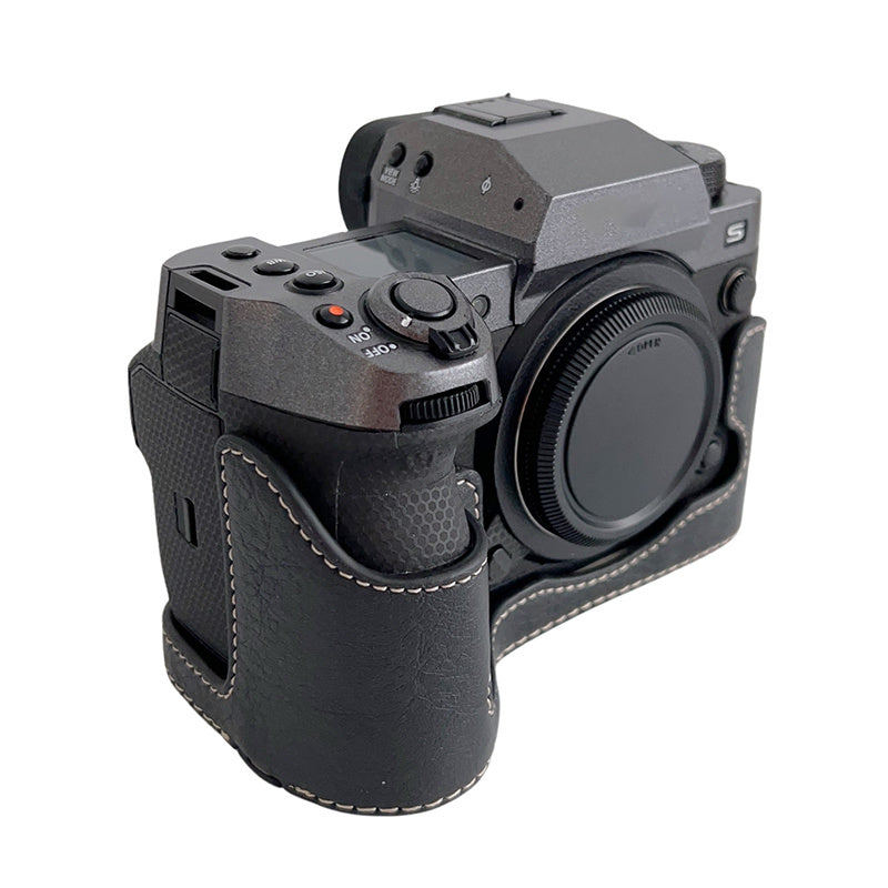 Uniqkart for Fujifilm X-H2s / X-H2 Buffalo Texture PU Leather Camera Bottom Case Half Body Protective Cover with Battery Opening - Black