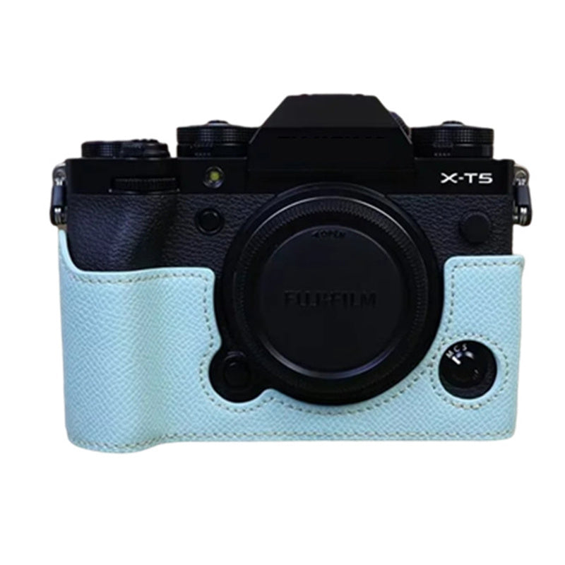 Uniqkart for Fujifilm X-T5 Camera PU Leather Protective Case Battery Opening Design Half Body Cover with Hand Strap - Baby Blue