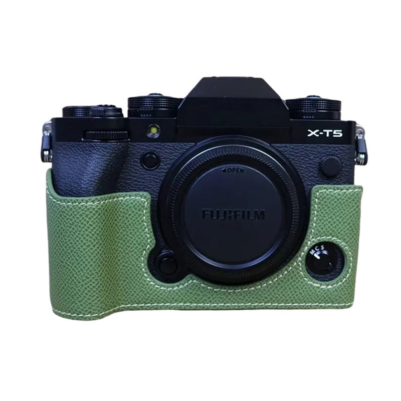 Uniqkart for Fujifilm X-T5 Camera PU Leather Protective Case Battery Opening Design Half Body Cover with Hand Strap - Green