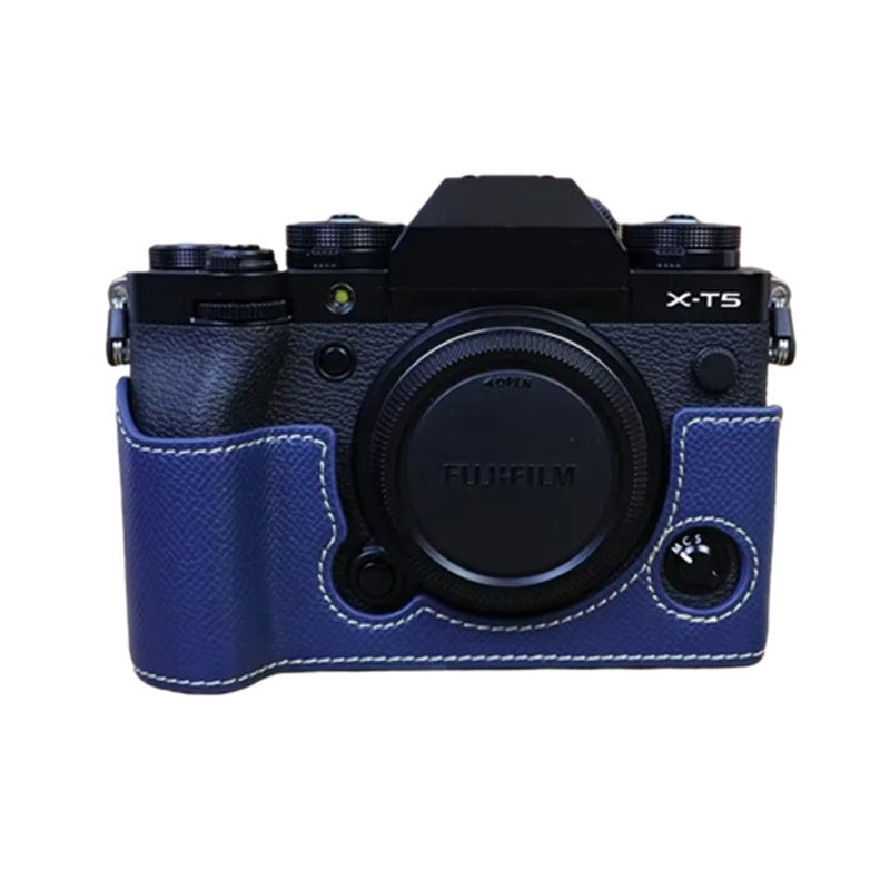 Uniqkart for Fujifilm X-T5 Camera PU Leather Protective Case Battery Opening Design Half Body Cover with Hand Strap - Blue