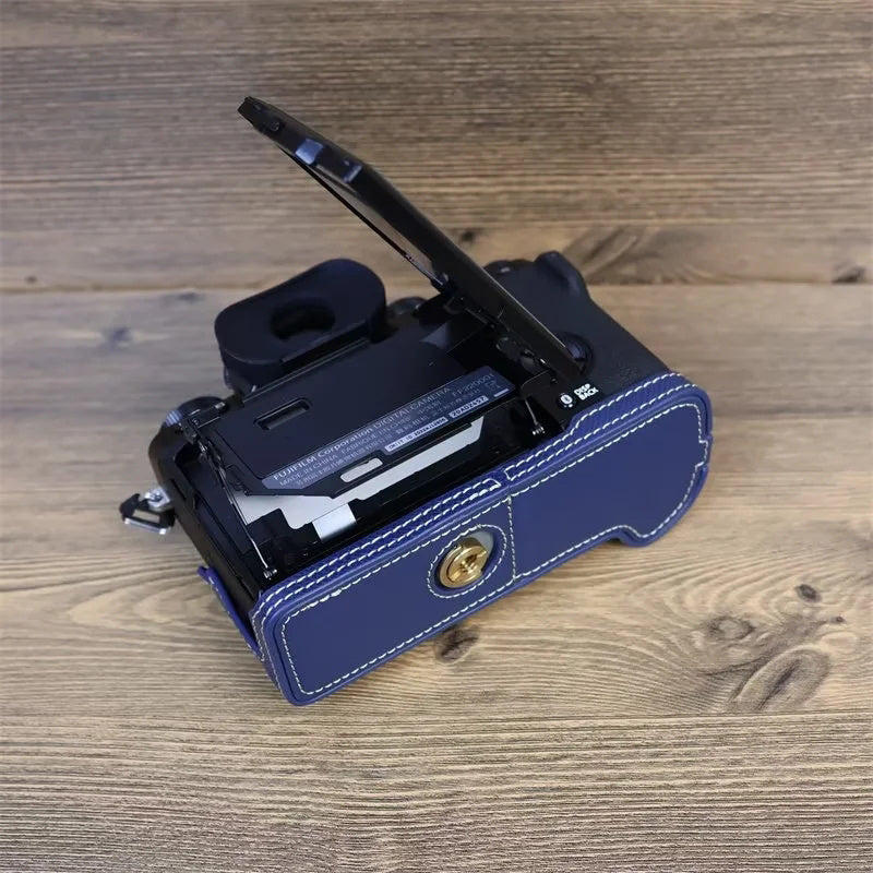 Uniqkart for Fujifilm X-T5 Camera PU Leather Protective Case Battery Opening Design Half Body Cover with Hand Strap - Blue