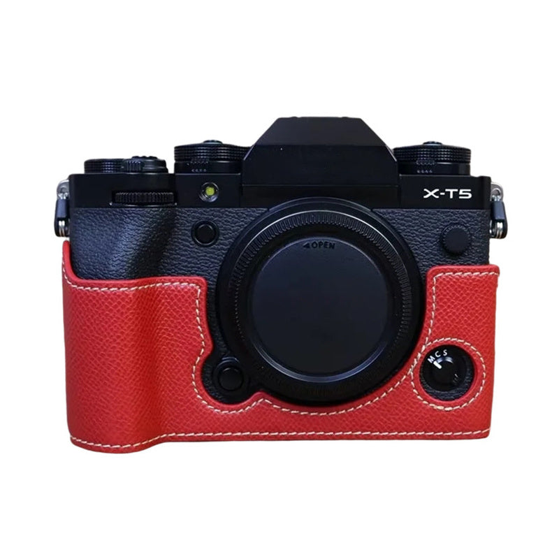 Uniqkart for Fujifilm X-T5 Camera PU Leather Protective Case Battery Opening Design Half Body Cover with Hand Strap - Red