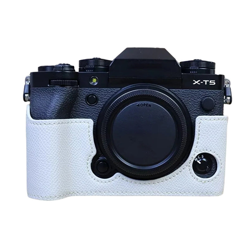 Uniqkart for Fujifilm X-T5 Camera PU Leather Protective Case Battery Opening Design Half Body Cover with Hand Strap - White