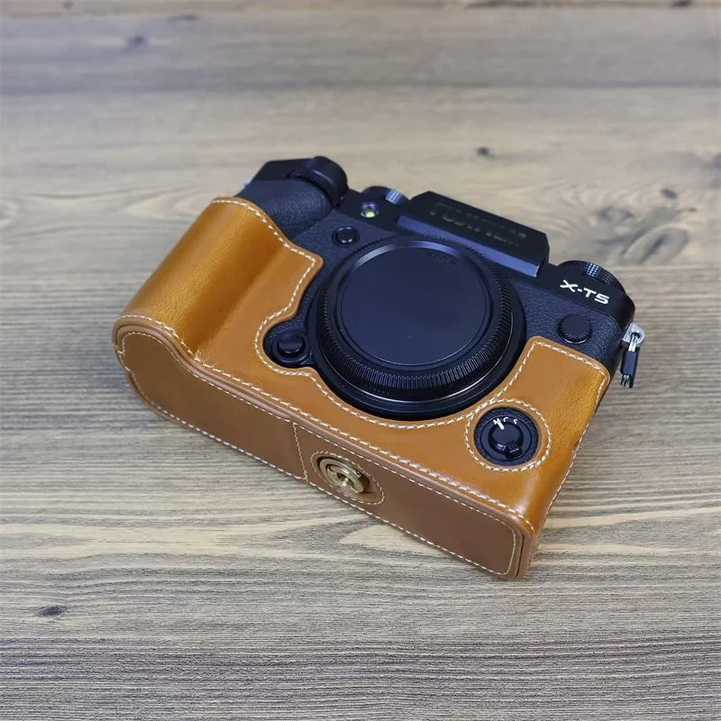 for Fujifilm X-T5 Anti-scratch PU Leather Camera Case Battery Opening Design Protective Cover with Screw - Brown
