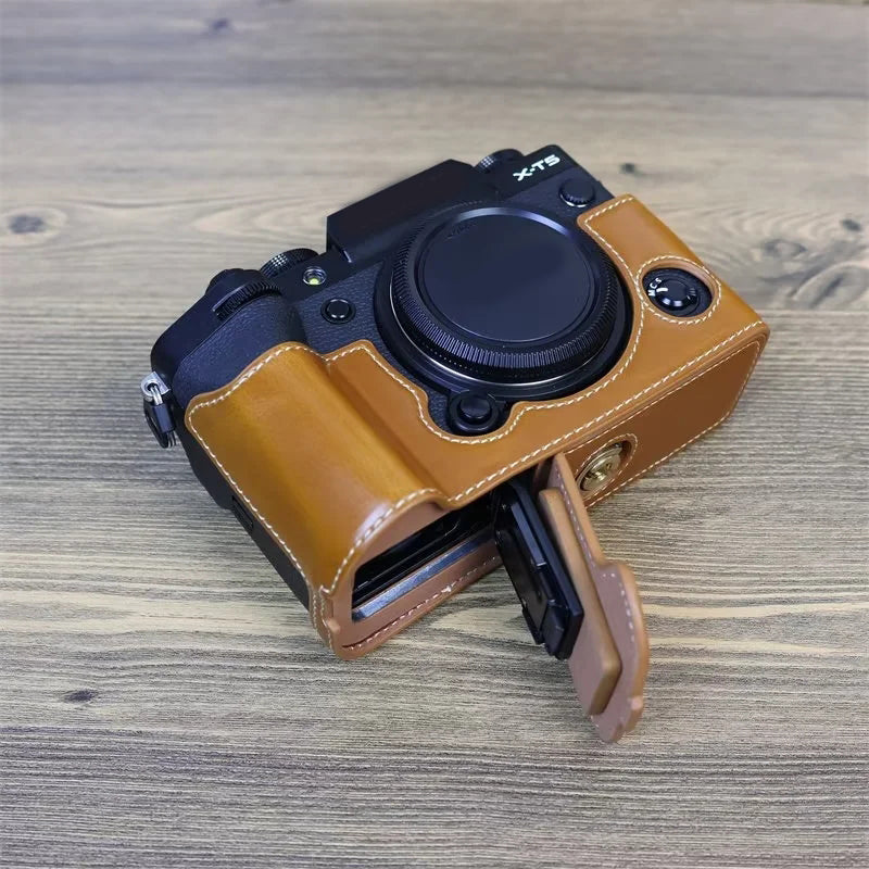 for Fujifilm X-T5 Anti-scratch PU Leather Camera Case Battery Opening Design Protective Cover with Screw - Brown