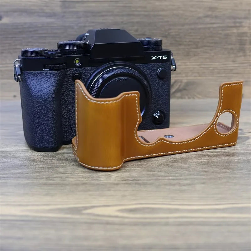 for Fujifilm X-T5 Anti-scratch PU Leather Camera Case Battery Opening Design Protective Cover with Screw - Brown