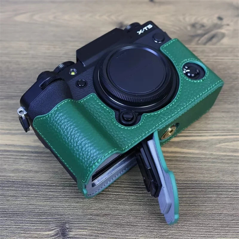 Uniqkart for Fujifilm X-T5 Genuine Leather Camera Case Battery Opening Design Protective Cover - Green