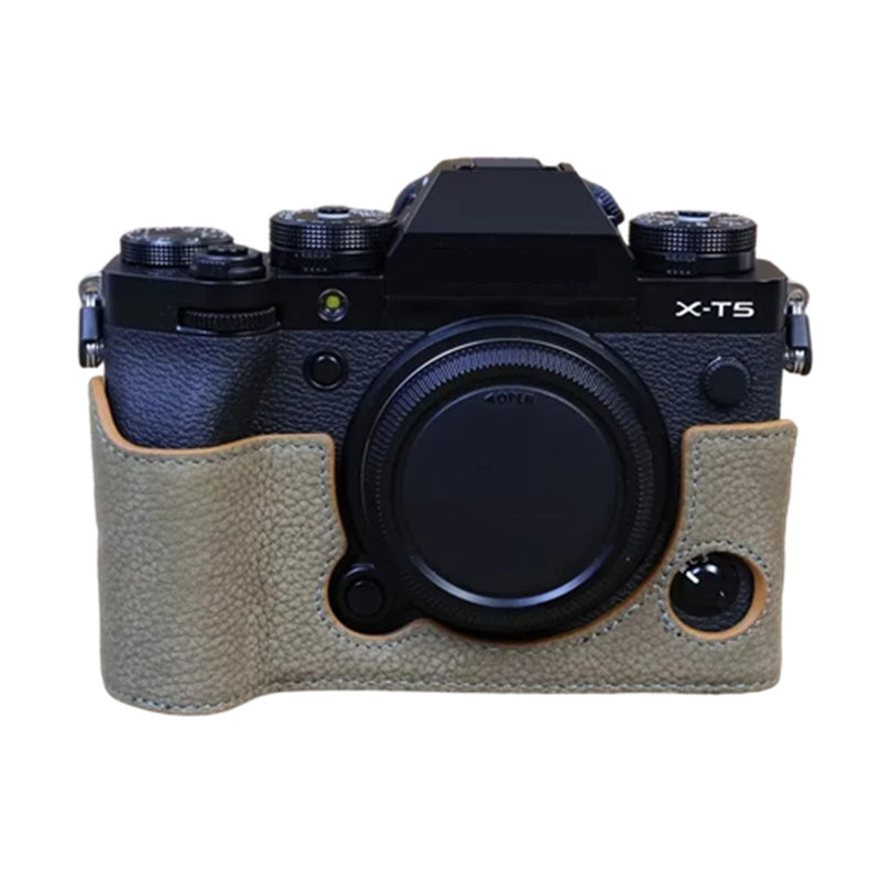 Uniqkart for Fujifilm X-T5 Genuine Leather Camera Case Battery Opening Design Protective Cover - Khaki