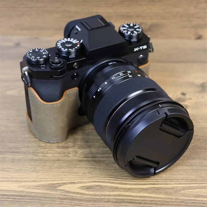 Uniqkart for Fujifilm X-T5 Genuine Leather Camera Case Battery Opening Design Protective Cover - Khaki