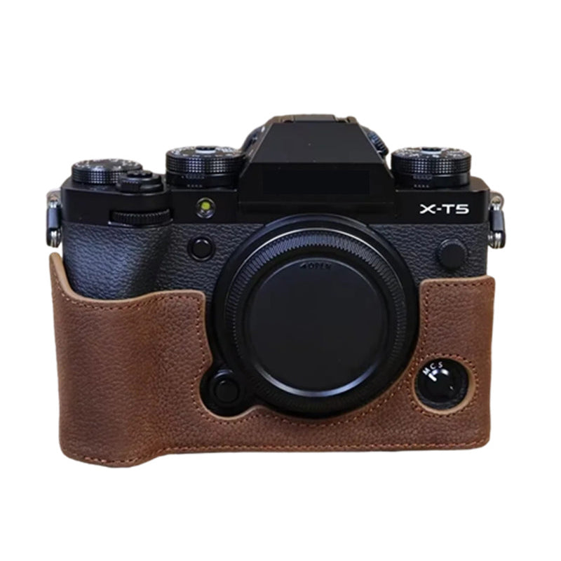 Uniqkart for Fujifilm X-T5 Genuine Leather Camera Case Battery Opening Design Protective Cover - Coffee