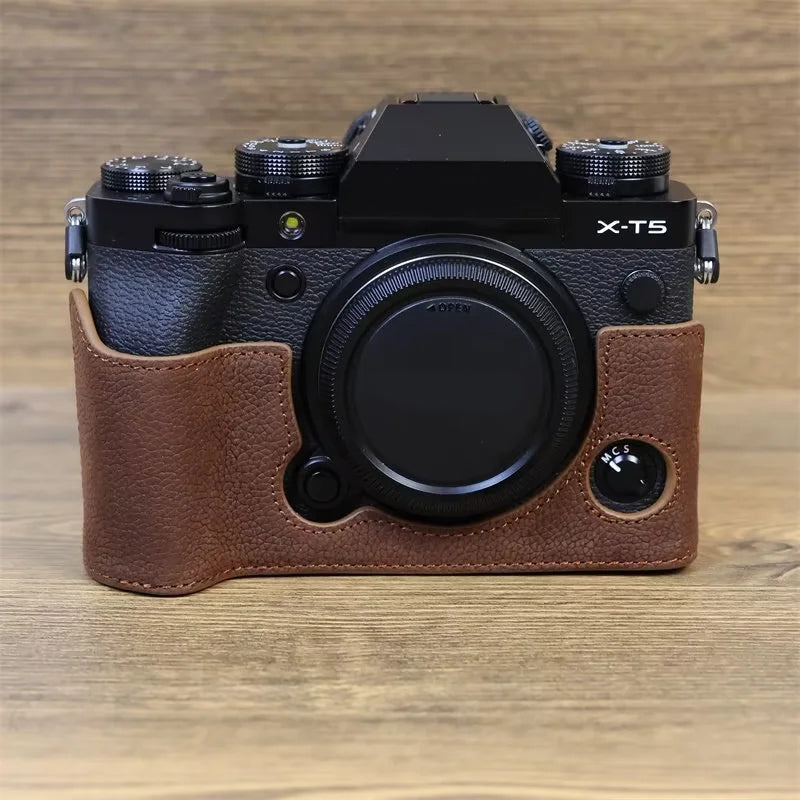 Uniqkart for Fujifilm X-T5 Genuine Leather Camera Case Battery Opening Design Protective Cover - Coffee