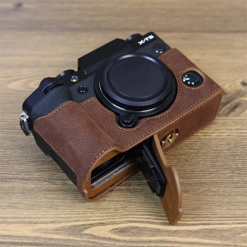 Uniqkart for Fujifilm X-T5 Genuine Leather Camera Case Battery Opening Design Protective Cover - Coffee