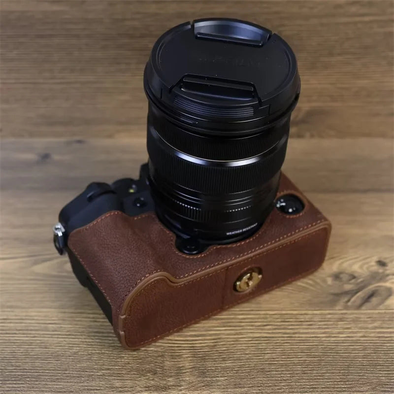 Uniqkart for Fujifilm X-T5 Genuine Leather Camera Case Battery Opening Design Protective Cover - Coffee