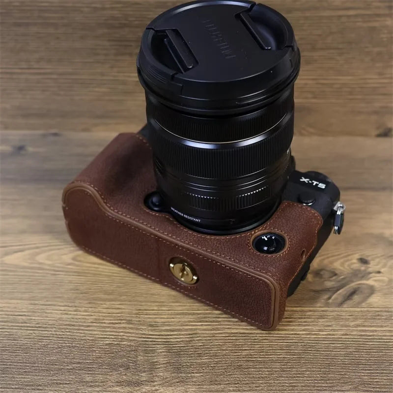 Uniqkart for Fujifilm X-T5 Genuine Leather Camera Case Battery Opening Design Protective Cover - Coffee
