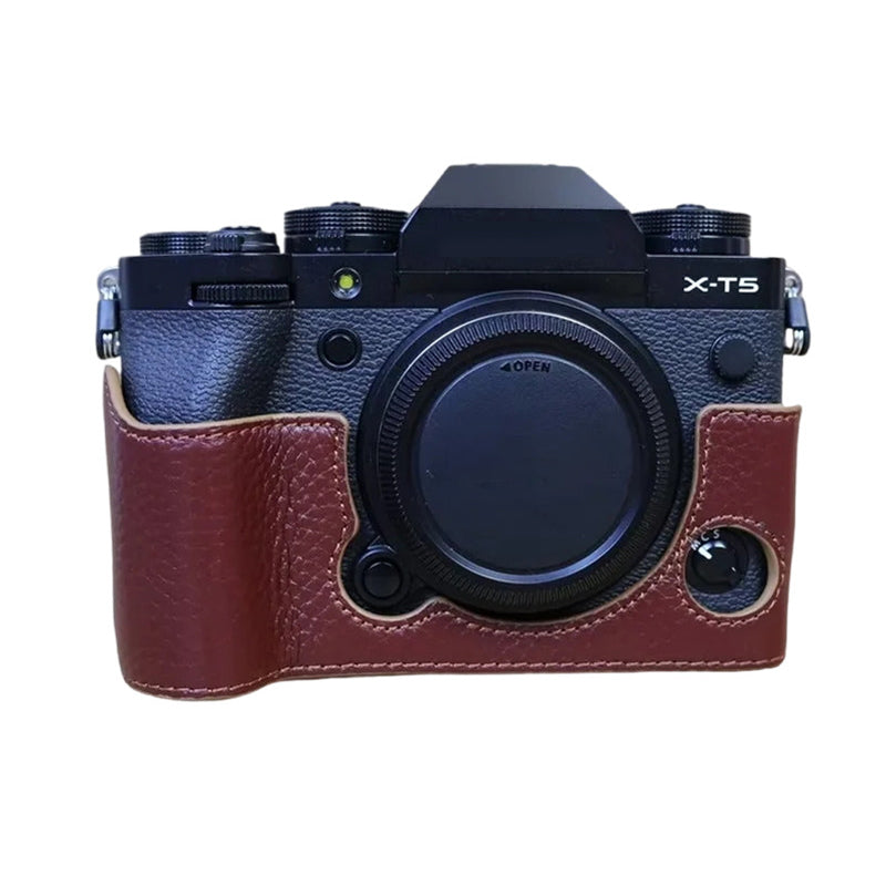 Uniqkart for Fujifilm X-T5 Genuine Leather Camera Case Battery Opening Design Protective Cover - Wine Red