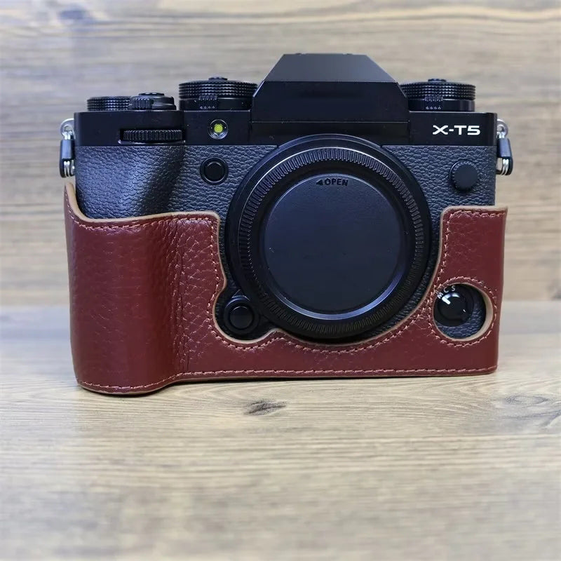 Uniqkart for Fujifilm X-T5 Genuine Leather Camera Case Battery Opening Design Protective Cover - Wine Red