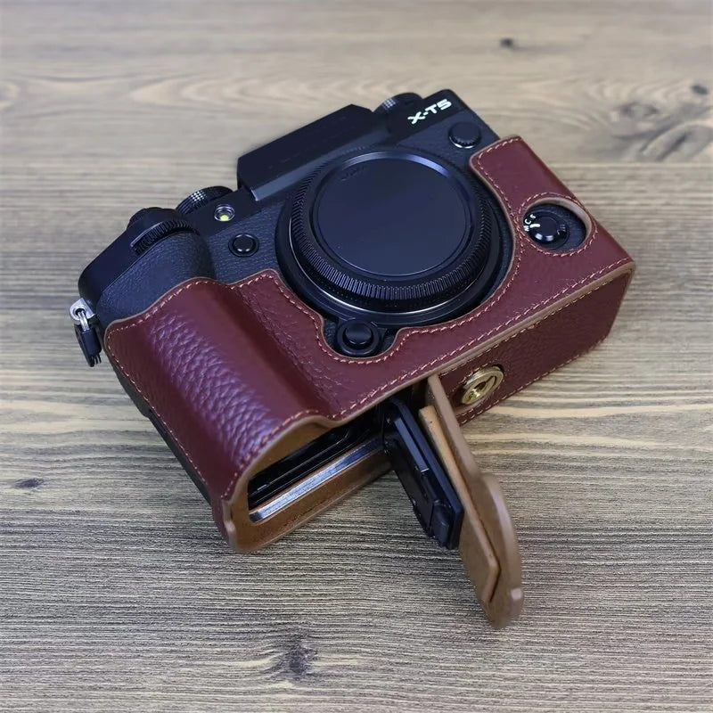 Uniqkart for Fujifilm X-T5 Genuine Leather Camera Case Battery Opening Design Protective Cover - Wine Red