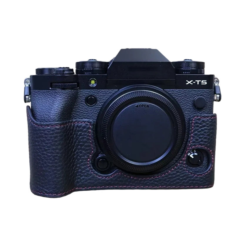 Uniqkart for Fujifilm X-T5 Genuine Leather Camera Case Battery Opening Design Protective Cover - Black