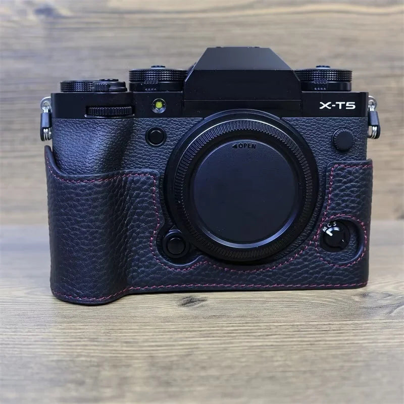 Uniqkart for Fujifilm X-T5 Genuine Leather Camera Case Battery Opening Design Protective Cover - Black