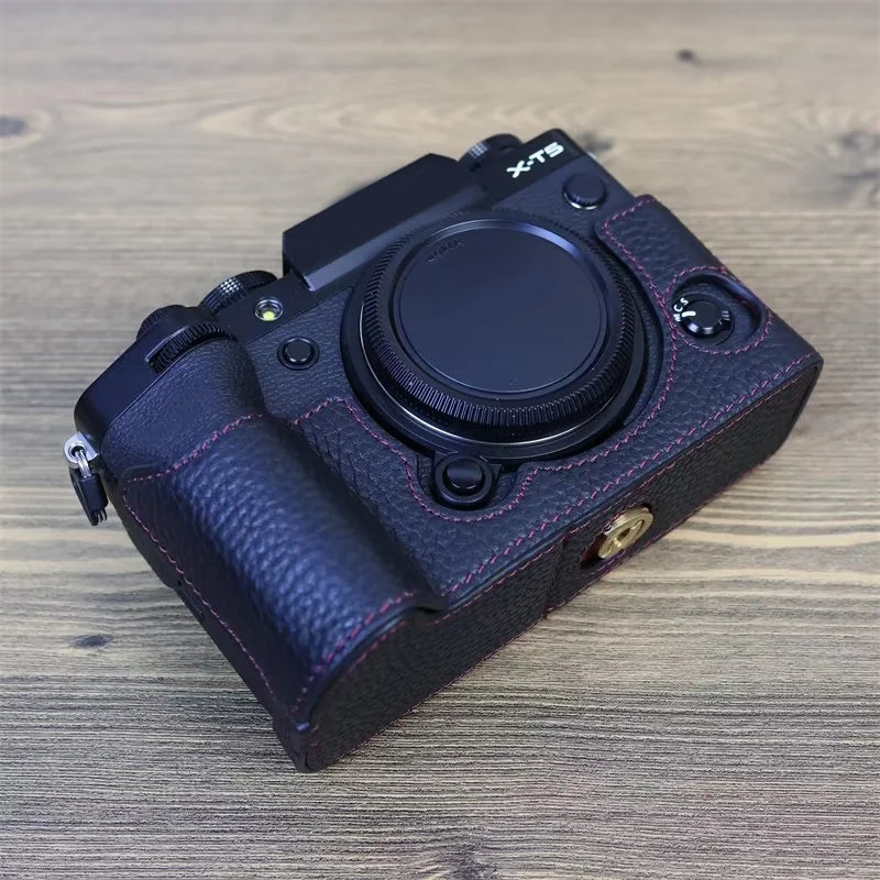 Uniqkart for Fujifilm X-T5 Genuine Leather Camera Case Battery Opening Design Protective Cover - Black