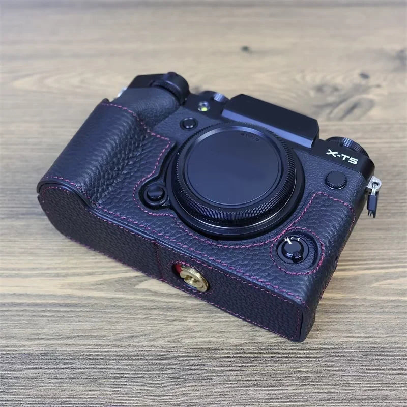 Uniqkart for Fujifilm X-T5 Genuine Leather Camera Case Battery Opening Design Protective Cover - Black