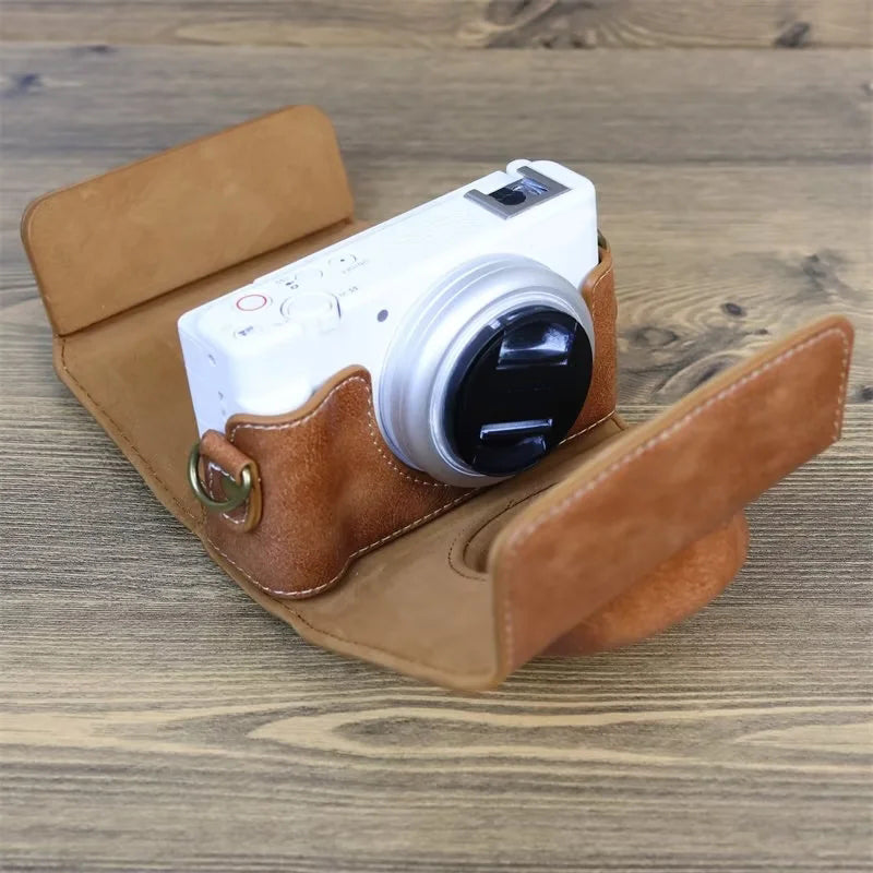 PU Leather Case for Sony ZV-1F Camera, Full Protection Camera Carrying Bag with Shoulder Strap - Brown
