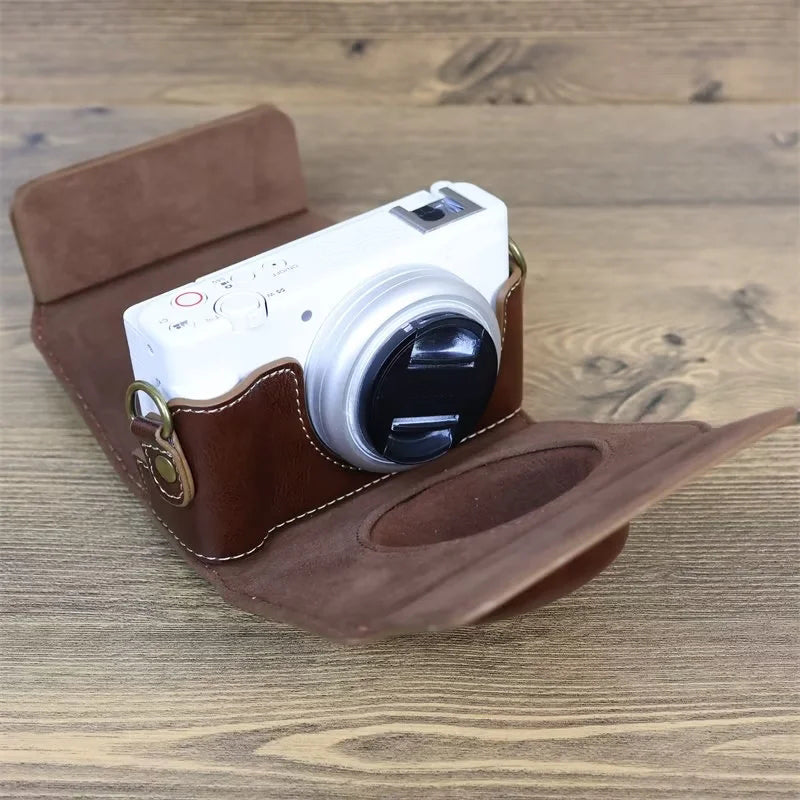PU Leather Case for Sony ZV-1F Camera, Full Protection Camera Carrying Bag with Shoulder Strap - Coffee