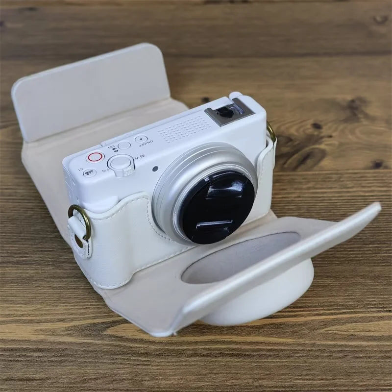 PU Leather Case for Sony ZV-1F Camera, Full Protection Camera Carrying Bag with Shoulder Strap - White