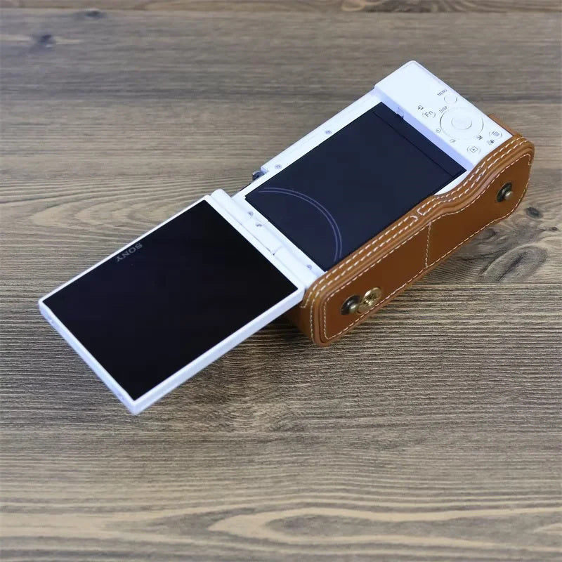 Protective Case for Sony ZV-1F, Battery Opening Design Detachable PU Leather Camera Bag with Shoulder Strap - Coffee