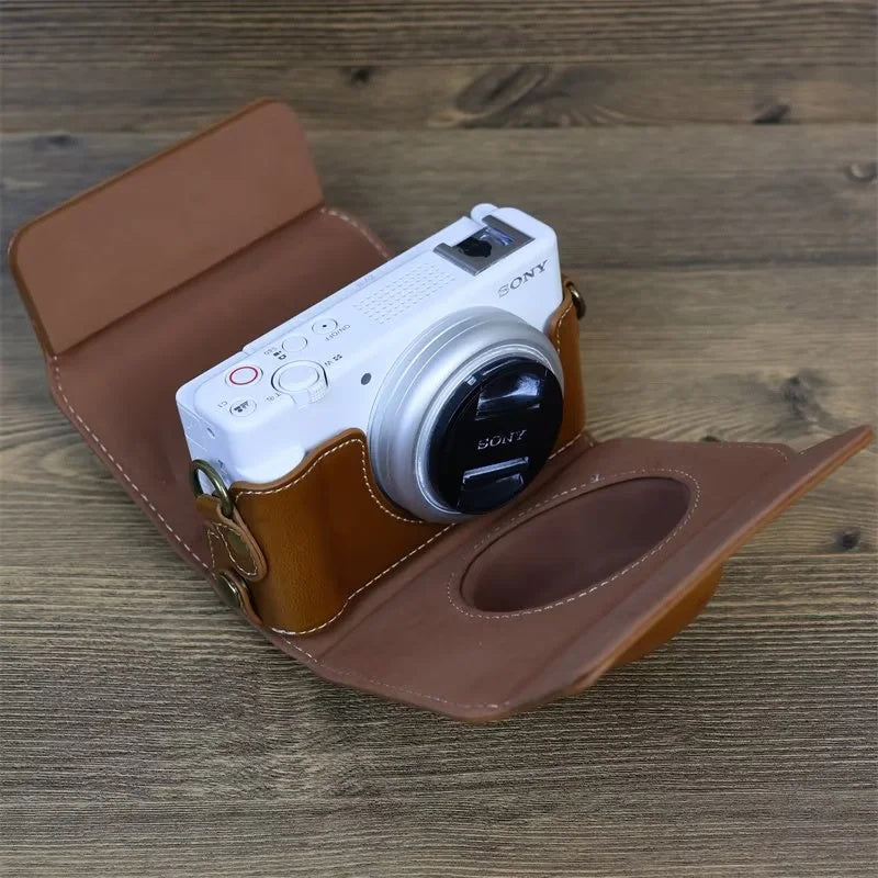 Protective Case for Sony ZV-1F, Battery Opening Design Detachable PU Leather Camera Bag with Shoulder Strap - Coffee