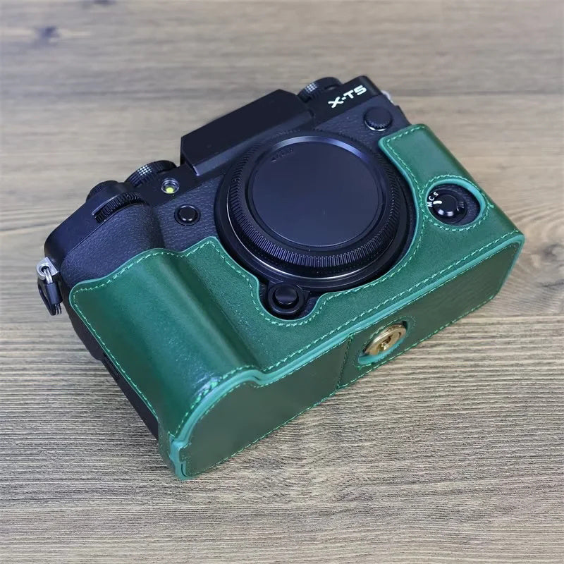 Uniqkart for Fujifilm X-T5 Anti-scratch Genuine Leather Camera Case Battery Opening Design Protective Cover - Green