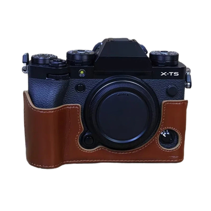 Uniqkart for Fujifilm X-T5 Anti-scratch Genuine Leather Camera Case Battery Opening Design Protective Cover - Coffee