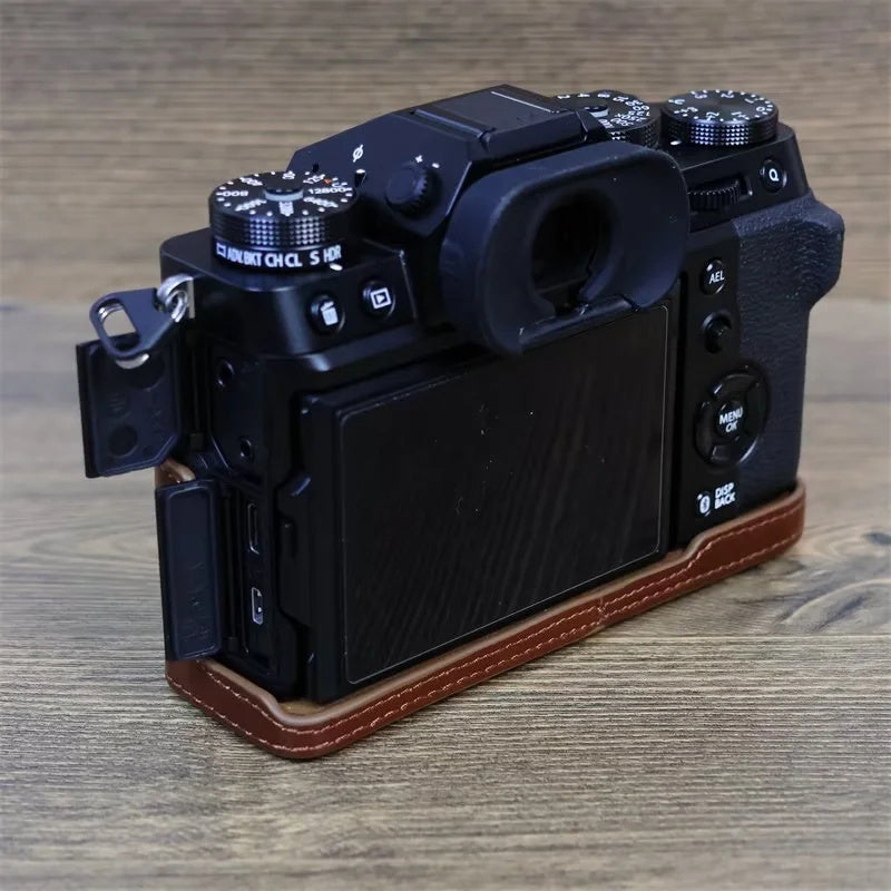 Uniqkart for Fujifilm X-T5 Anti-scratch Genuine Leather Camera Case Battery Opening Design Protective Cover - Coffee
