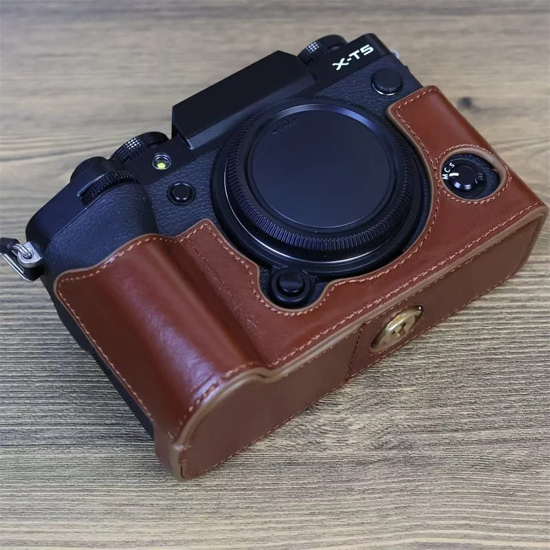 Uniqkart for Fujifilm X-T5 Anti-scratch Genuine Leather Camera Case Battery Opening Design Protective Cover - Coffee