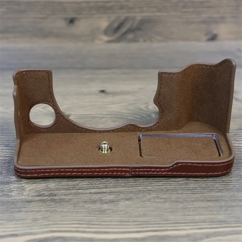Uniqkart for Fujifilm X-T5 Anti-scratch Genuine Leather Camera Case Battery Opening Design Protective Cover - Coffee