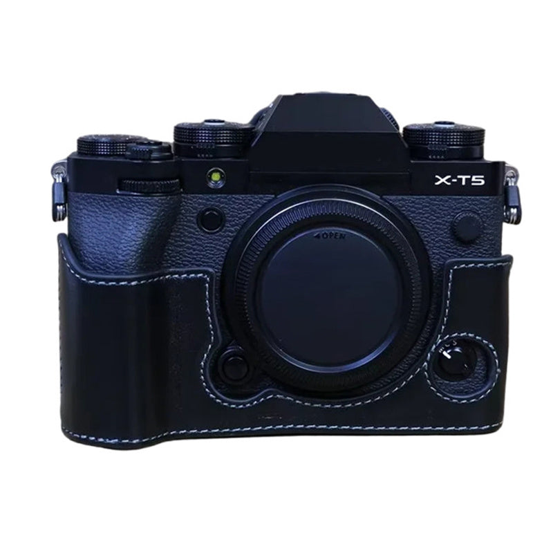 Uniqkart for Fujifilm X-T5 Anti-scratch Genuine Leather Camera Case Battery Opening Design Protective Cover - Black