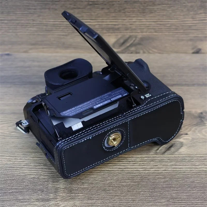 Uniqkart for Fujifilm X-T5 Anti-scratch Genuine Leather Camera Case Battery Opening Design Protective Cover - Black