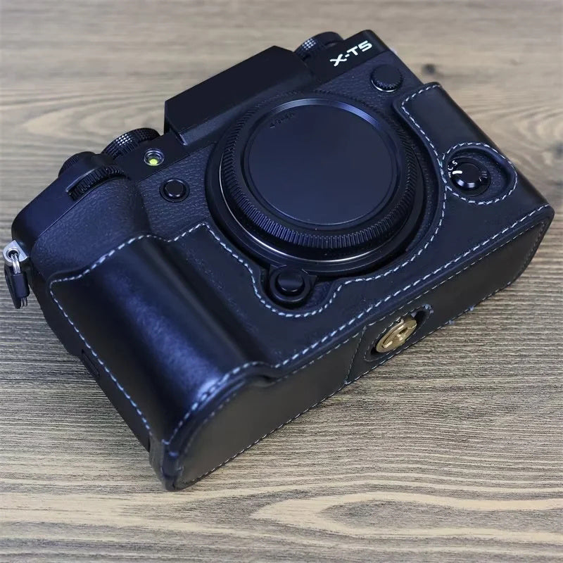 Uniqkart for Fujifilm X-T5 Anti-scratch Genuine Leather Camera Case Battery Opening Design Protective Cover - Black