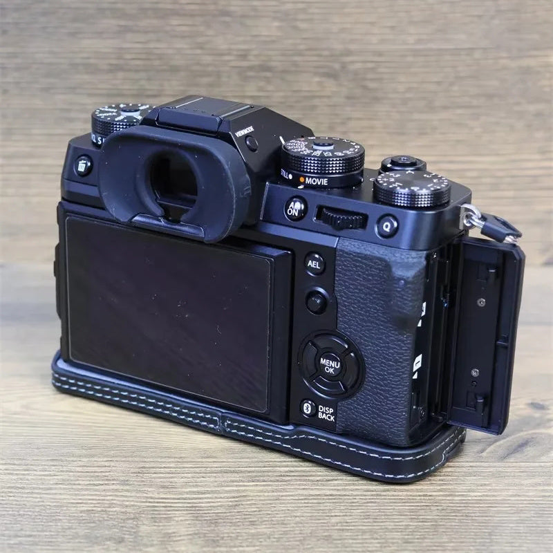 Uniqkart for Fujifilm X-T5 Anti-scratch Genuine Leather Camera Case Battery Opening Design Protective Cover - Black