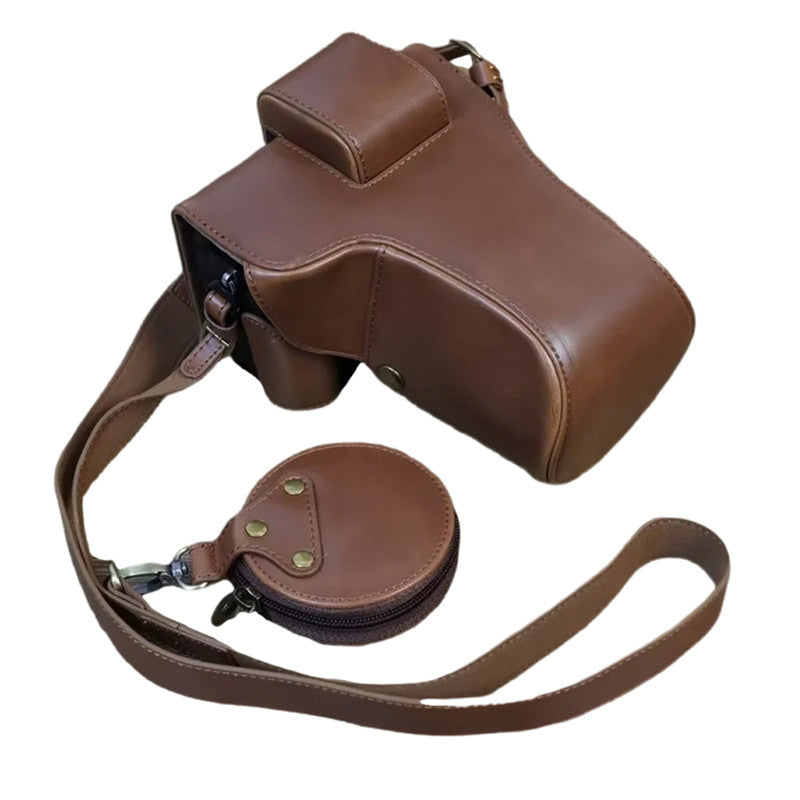 Uniqkart for Fuji X-T5 Battery Opening Design Detachable PU Leather Camera Bag Protective Case with Lens Pouch and Shoulder Strap - Coffee