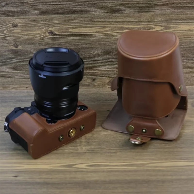 Uniqkart for Fuji X-T5 Battery Opening Design Detachable PU Leather Camera Bag Protective Case with Lens Pouch and Shoulder Strap - Coffee