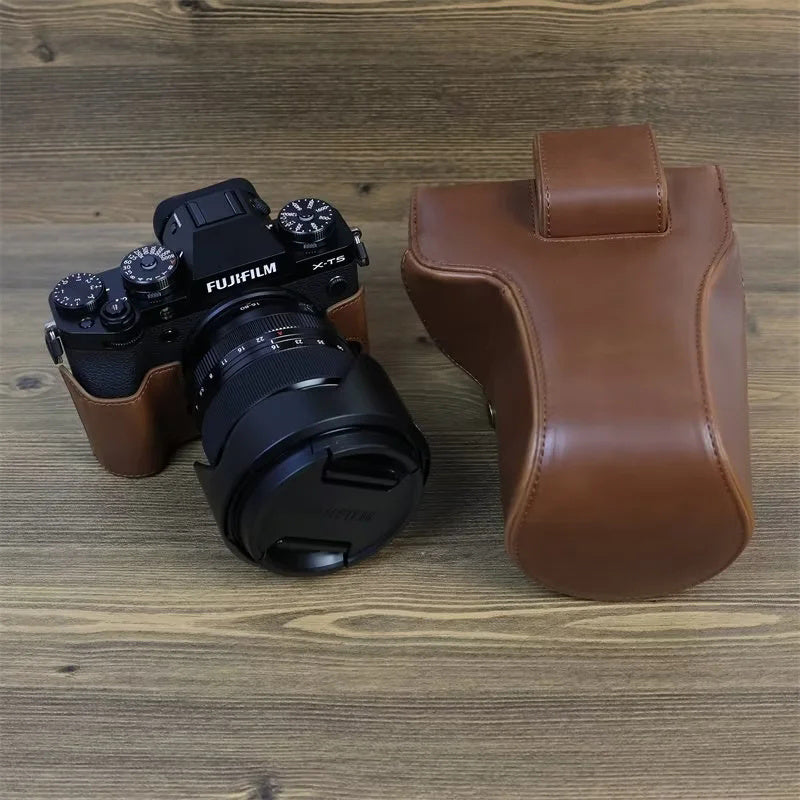 Uniqkart for Fuji X-T5 Battery Opening Design Detachable PU Leather Camera Bag Protective Case with Lens Pouch and Shoulder Strap - Coffee