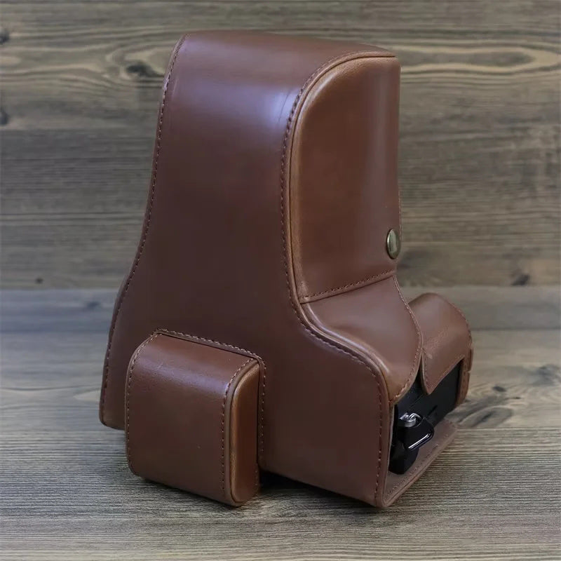 Uniqkart for Fuji X-T5 Battery Opening Design Detachable PU Leather Camera Bag Protective Case with Lens Pouch and Shoulder Strap - Coffee