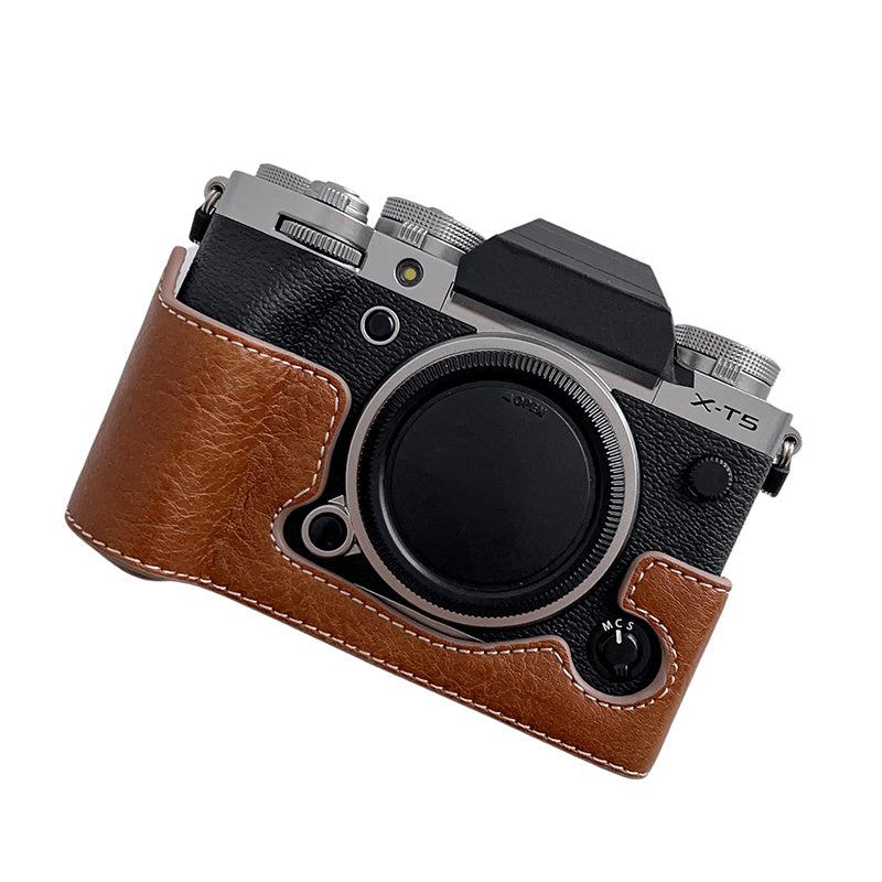 Uniqkart for Fujifilm X-T5 Buffalo Texture PU Leather Camera Bottom Case Flannel Lining Half Body Protective Cover with Battery Opening - Brown