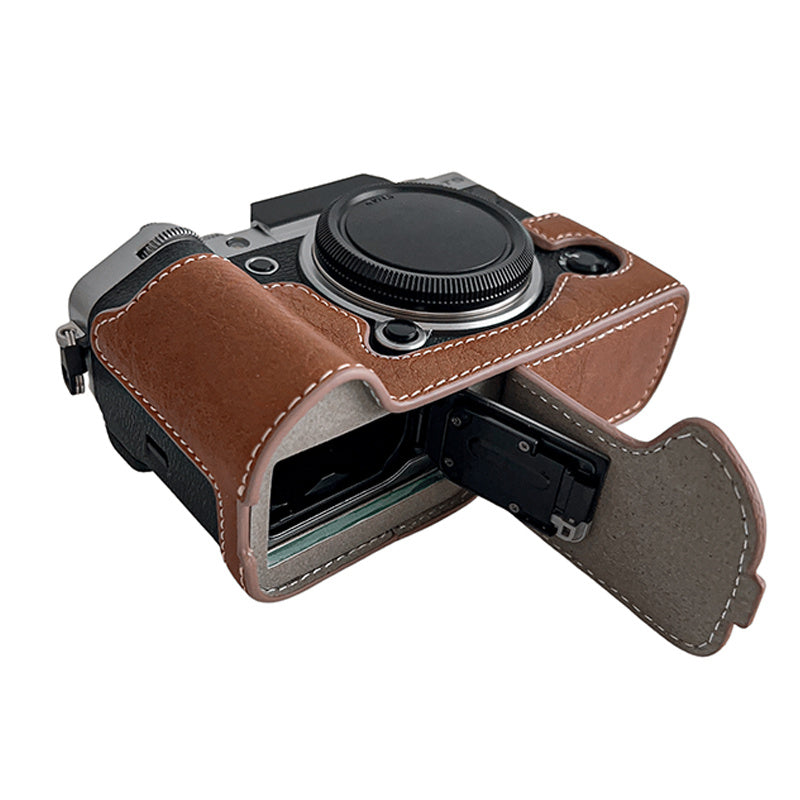 Uniqkart for Fujifilm X-T5 Buffalo Texture PU Leather Camera Bottom Case Flannel Lining Half Body Protective Cover with Battery Opening - Brown